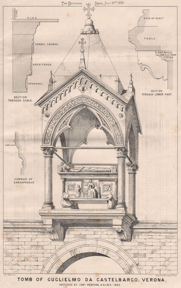 Tomb of Guglielmo da Castelbarco, Verona, by James Redford 1870 old print